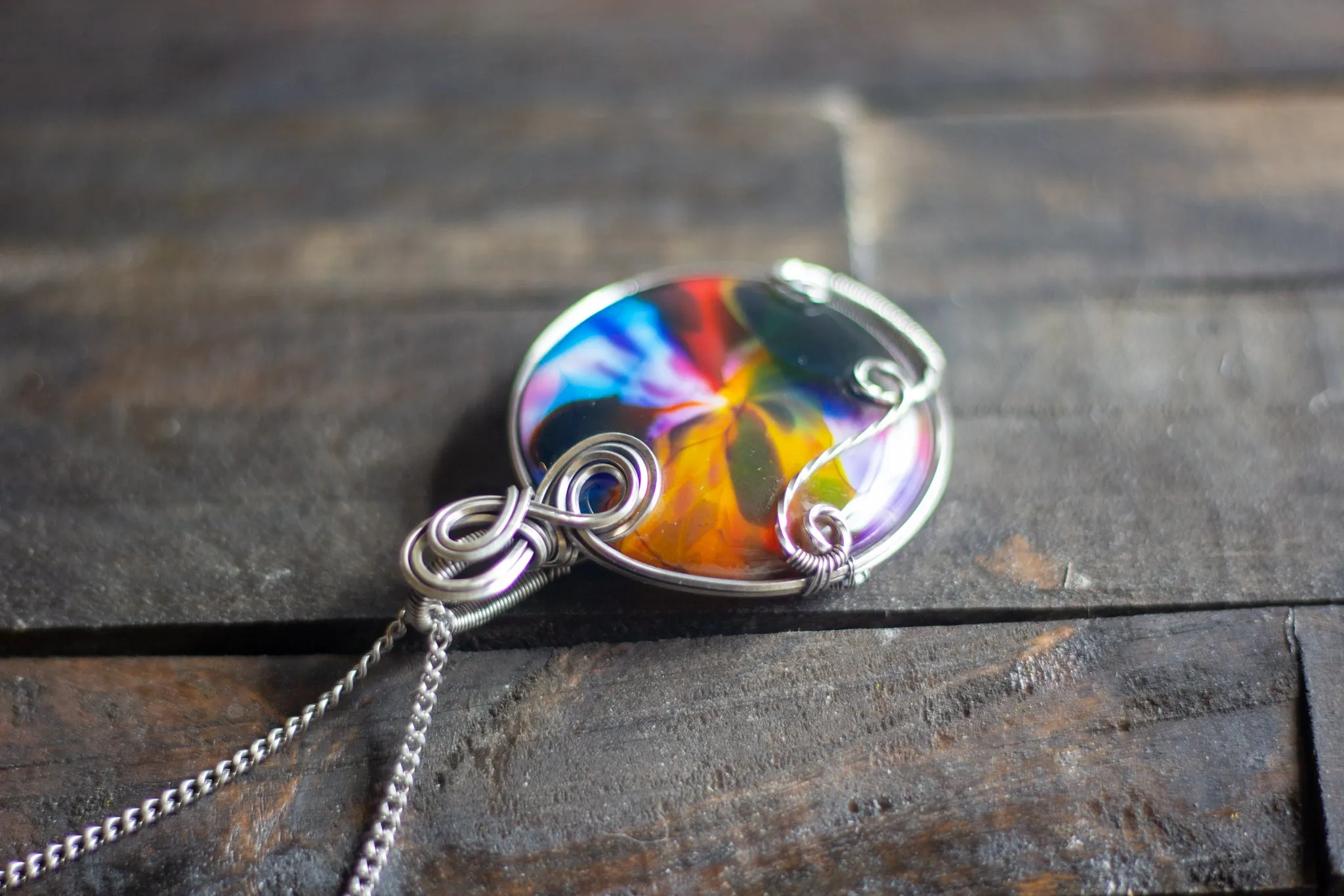 Multi-colored Fused Glass Statement Pendant with Sterling Silver Wire Wrapping