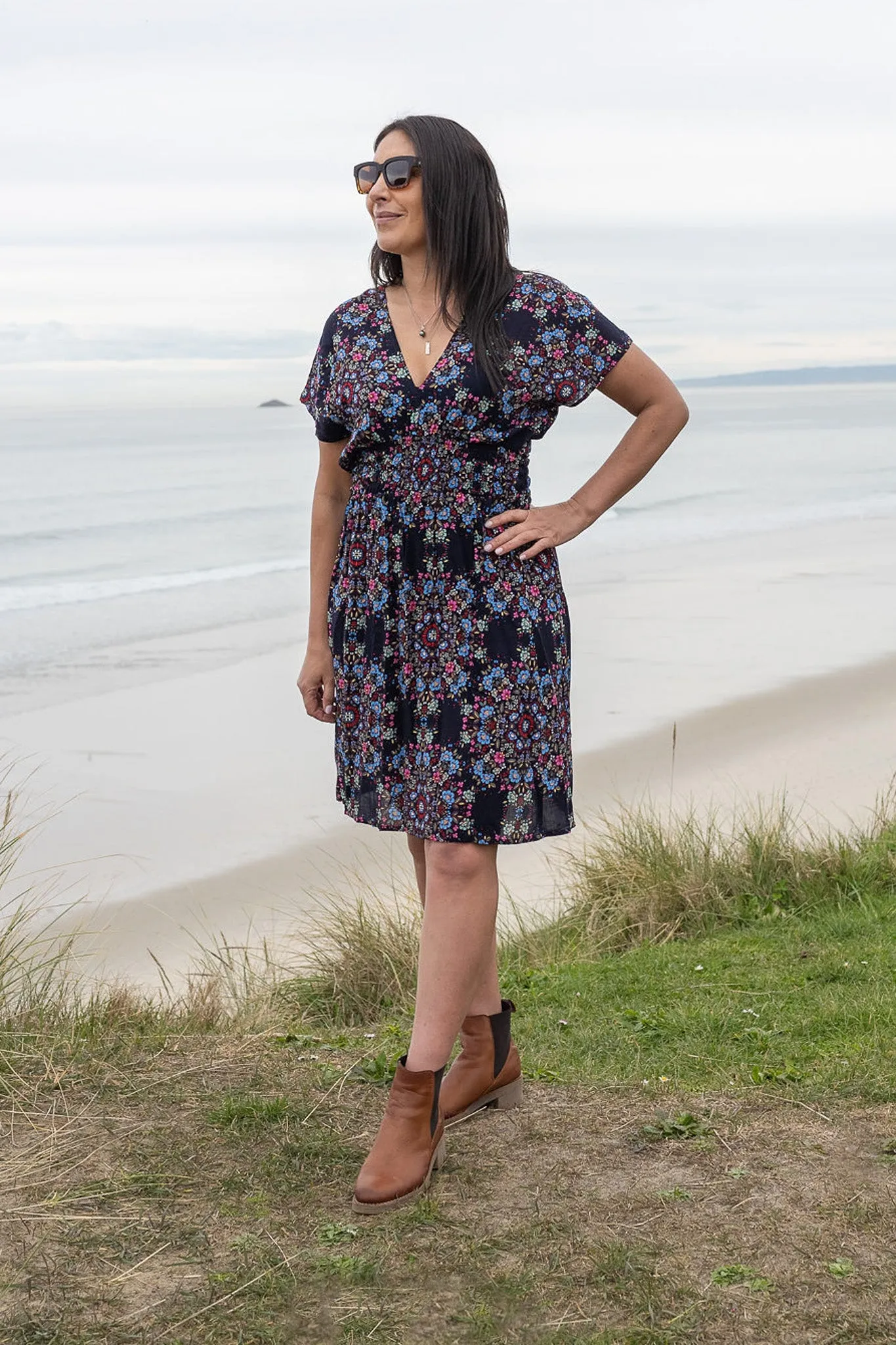 Navy & Pink Bouquet - Shorter Boho Malia Dress