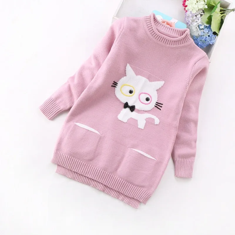 New Spring Girls Animal Print Long Sweater - Grey, Pink, Green