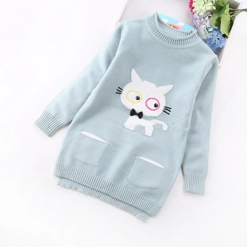 New Spring Girls Animal Print Long Sweater - Grey, Pink, Green