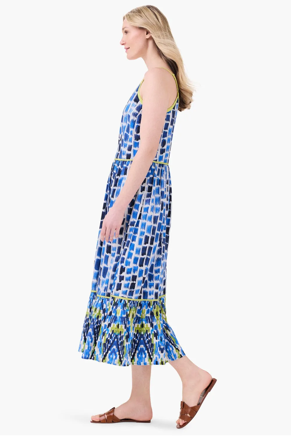 NIC ZOE Blue/Multi Brushstroke Blues Sleeveless Tiered Maxi Dress M241996