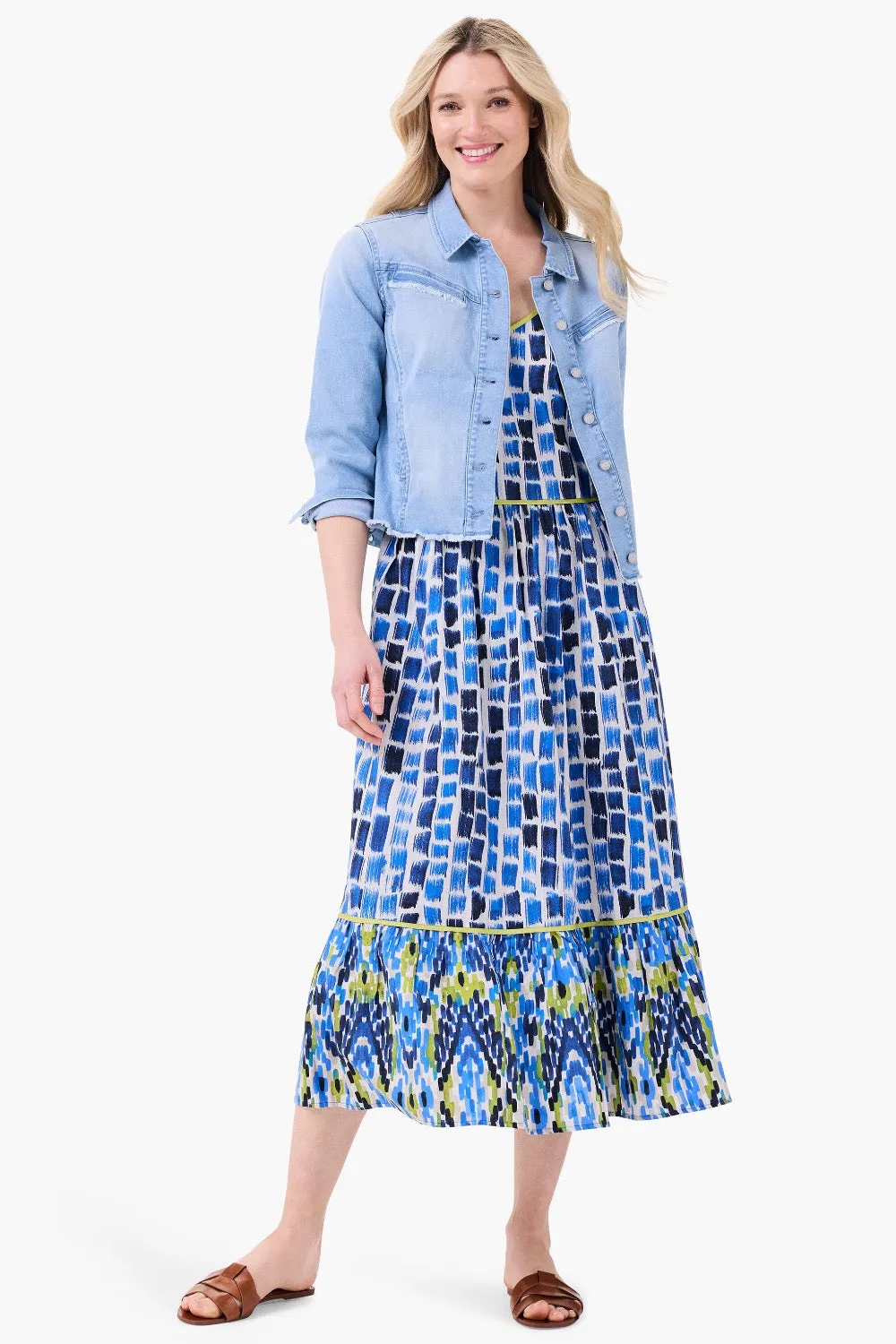 NIC ZOE Blue/Multi Brushstroke Blues Sleeveless Tiered Maxi Dress M241996