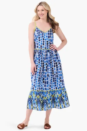 NIC ZOE Blue/Multi Brushstroke Blues Sleeveless Tiered Maxi Dress M241996