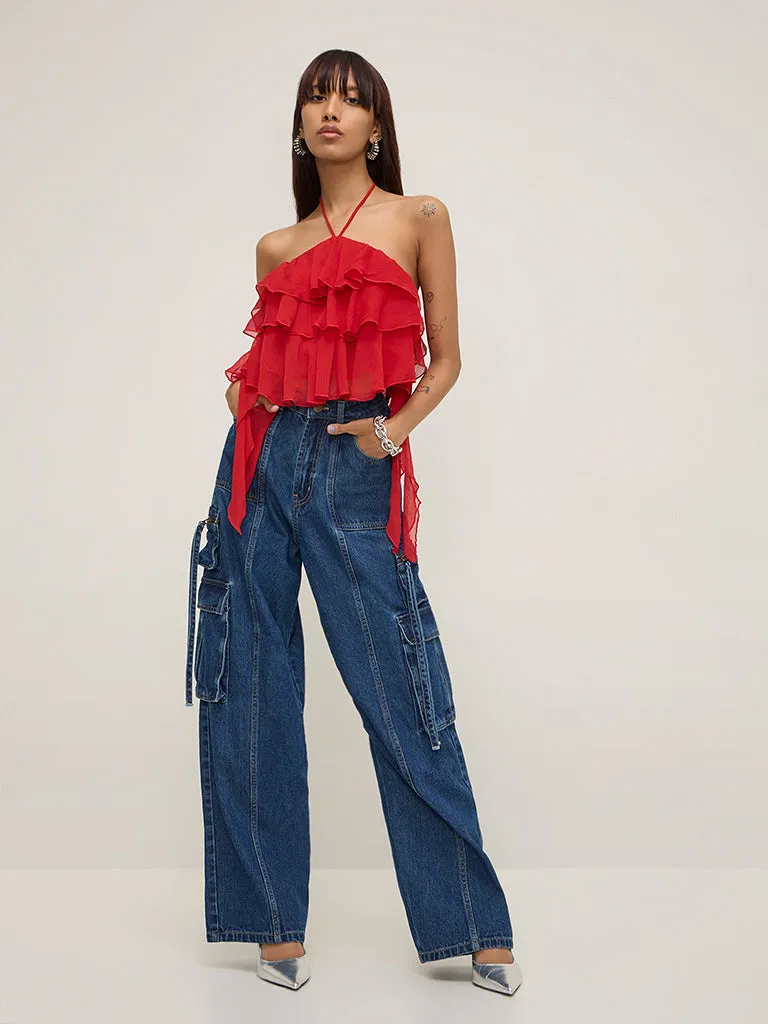 Nuon Red Ruffled Halter Neck Top