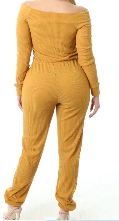 Off Shoulder Long Sleeve Belted Pocket Jumpsuit