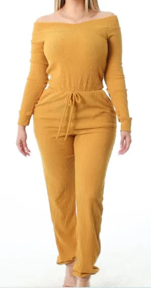 Off Shoulder Long Sleeve Belted Pocket Jumpsuit