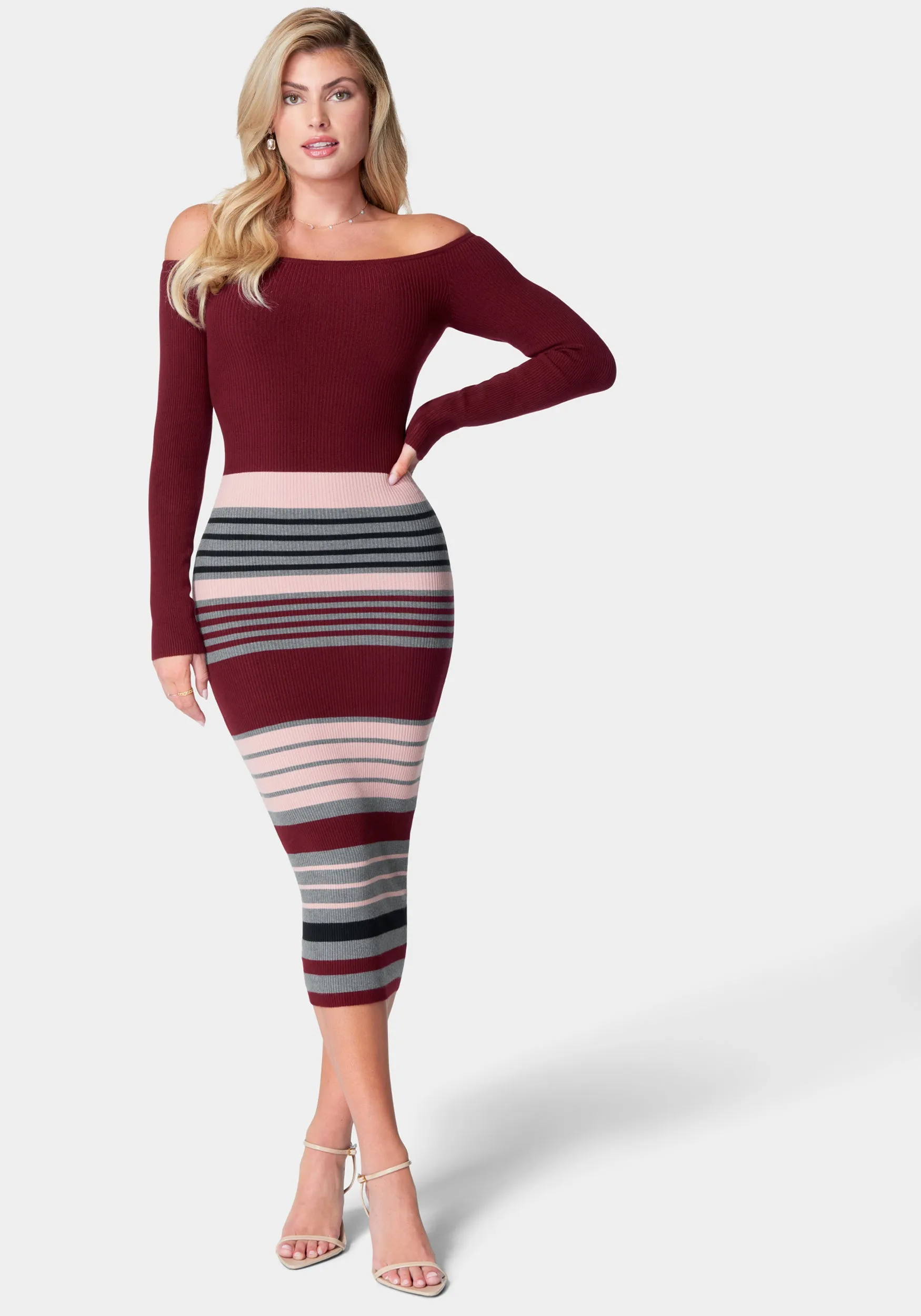 Off Shoulder Stripe Midi Dress