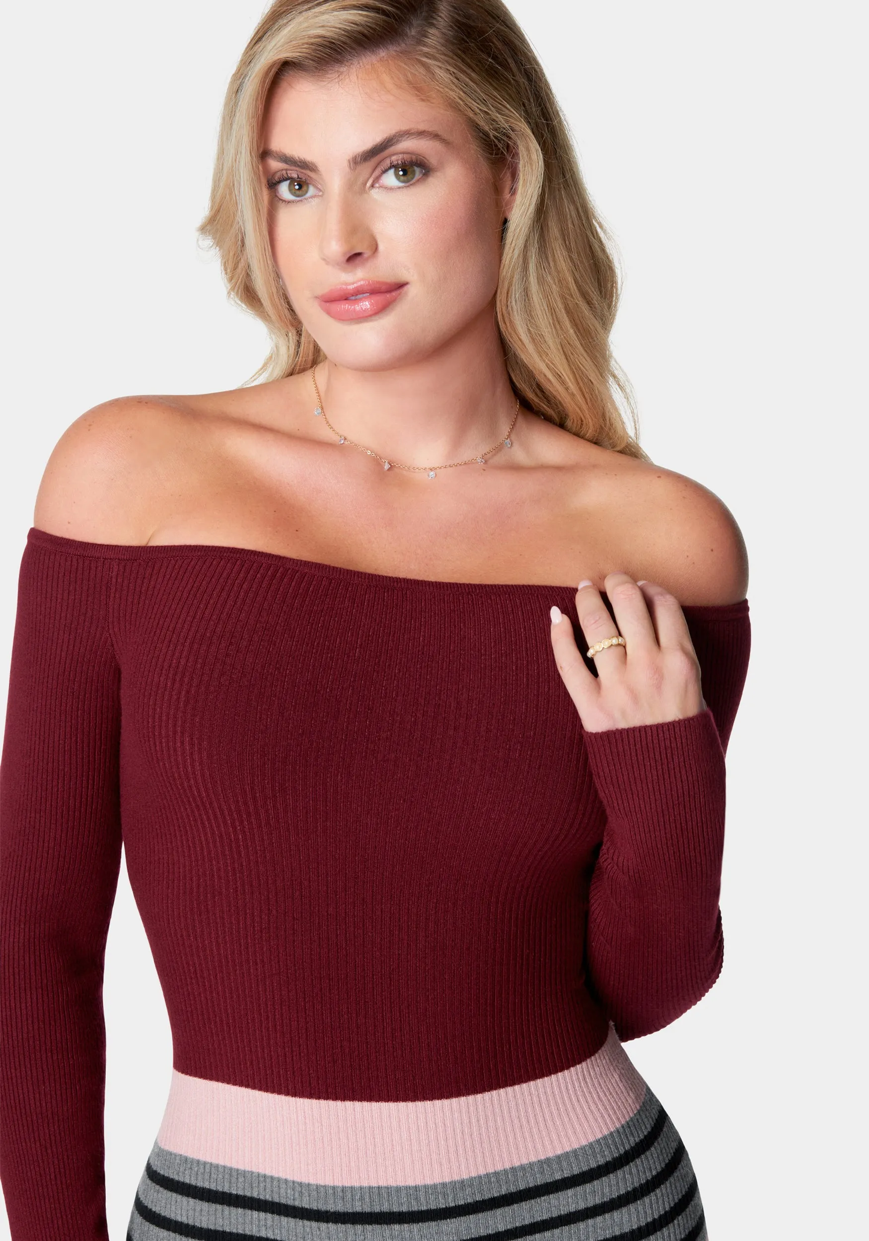 Off Shoulder Stripe Midi Dress