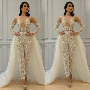 off white jumpsuit for women lace appliqué detachable skirt pant suits for weddings evening dress