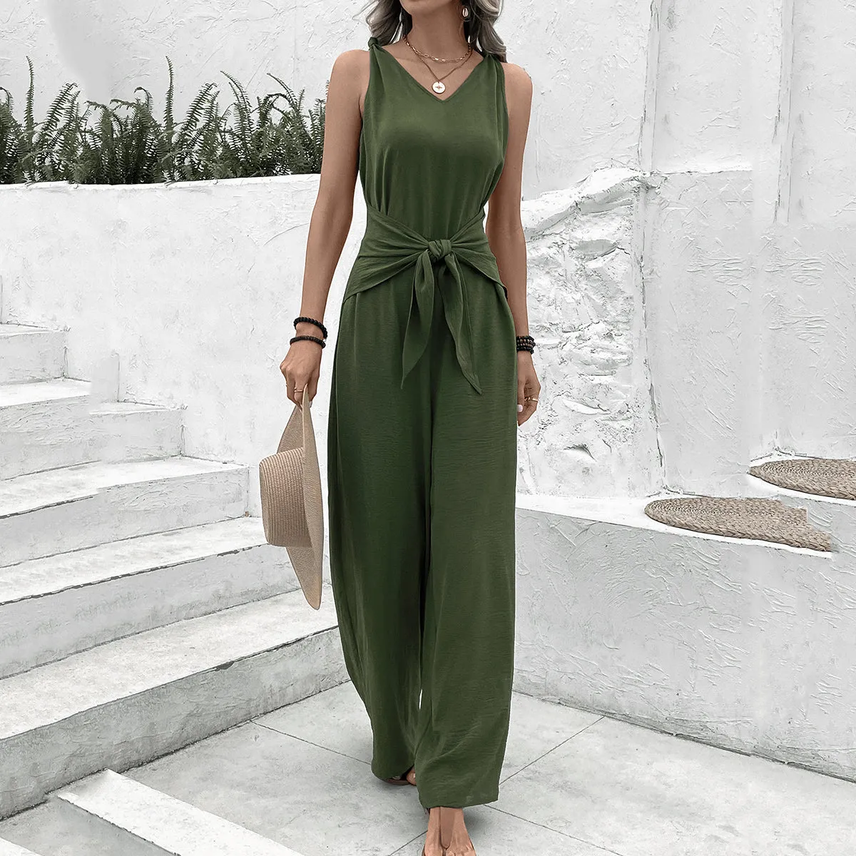 Olive Sleeveless Jumpsuit With Front Tie Up