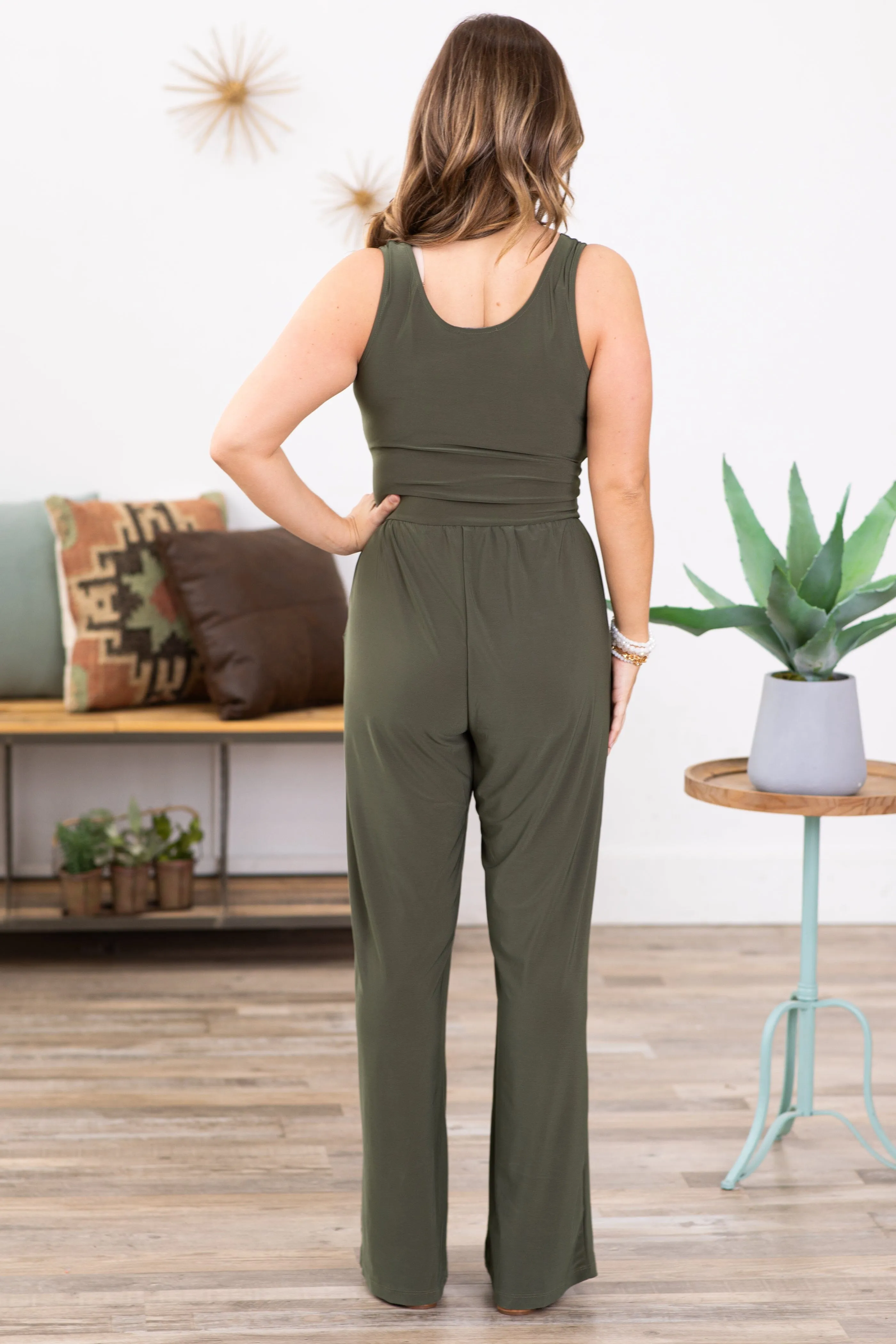 Olive Surplice Front Sleeveless Jumpsuit