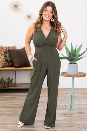 Olive Surplice Front Sleeveless Jumpsuit
