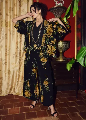 One Hundred Stars Chrysanthemum Crepe Korte Kimono Zwart