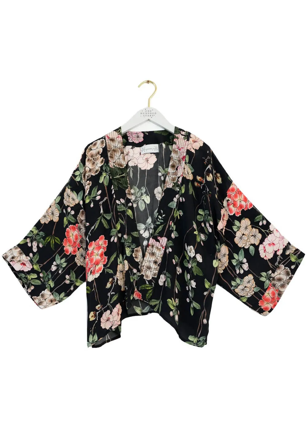 One Hundred Stars Trailing Blossom Korte Crepe Kimono Zwart