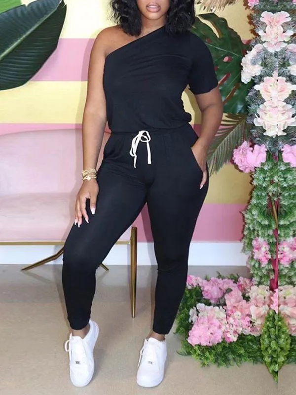 One-Shoulder Drawstring Jumpsuit
