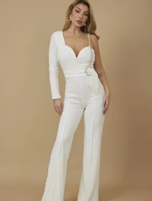 ONE SHOULDER JUMPSUIT W/ RHINESTONE DETAIL