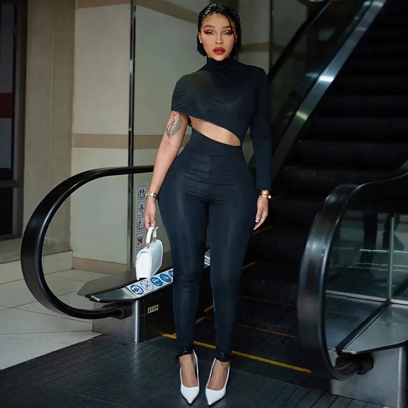 One Shoulder Long Sleeve Cut Out Jumpsuit