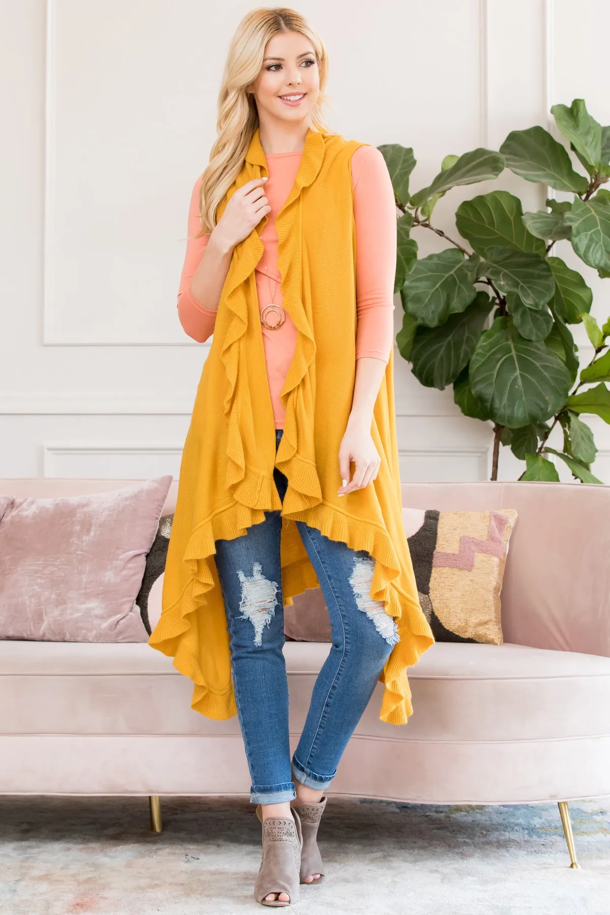 OPEN RUFFLED SLEEVELESS KIMONO CARDIGAN