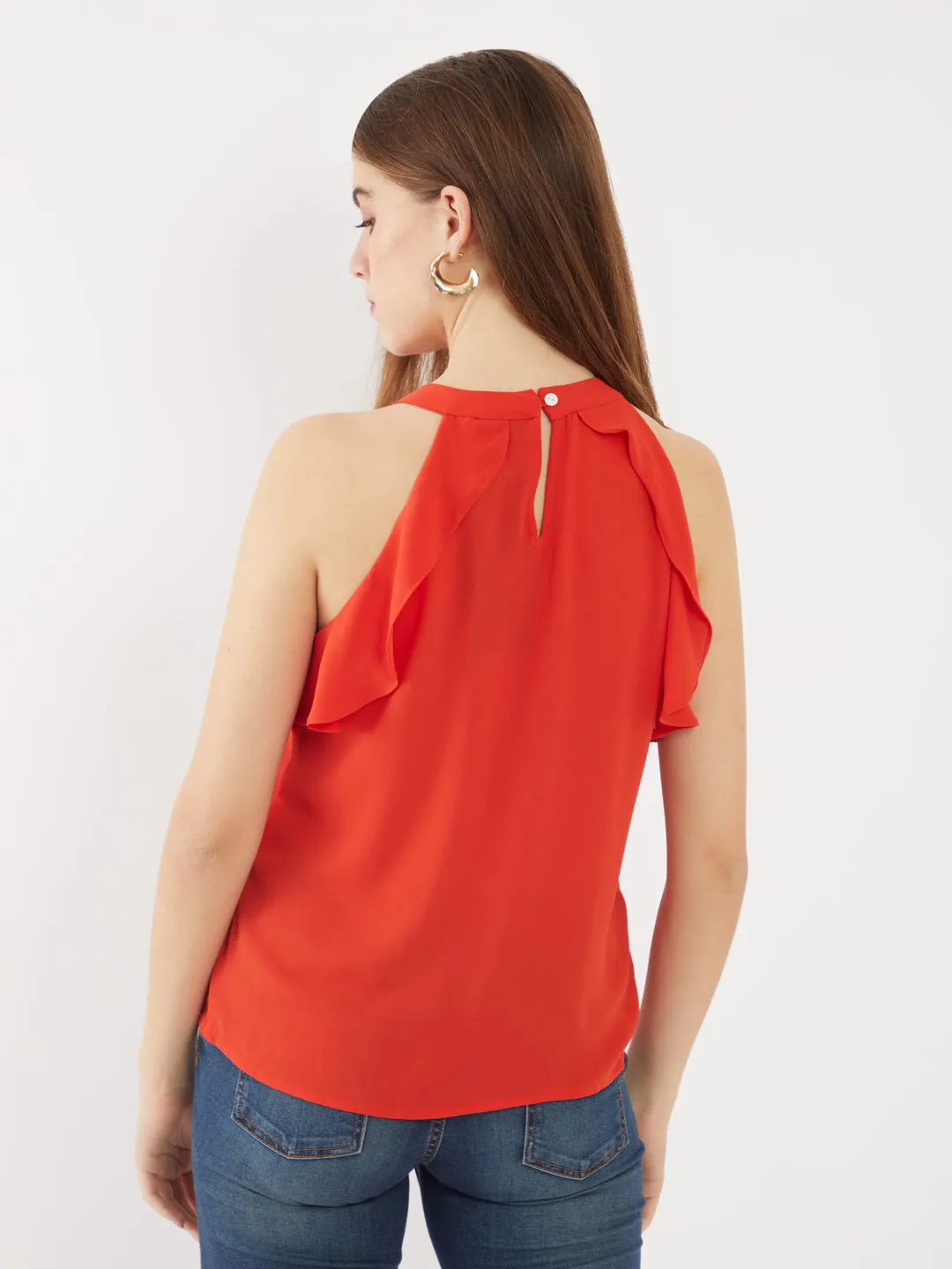 Orange Solid Ruffled Top