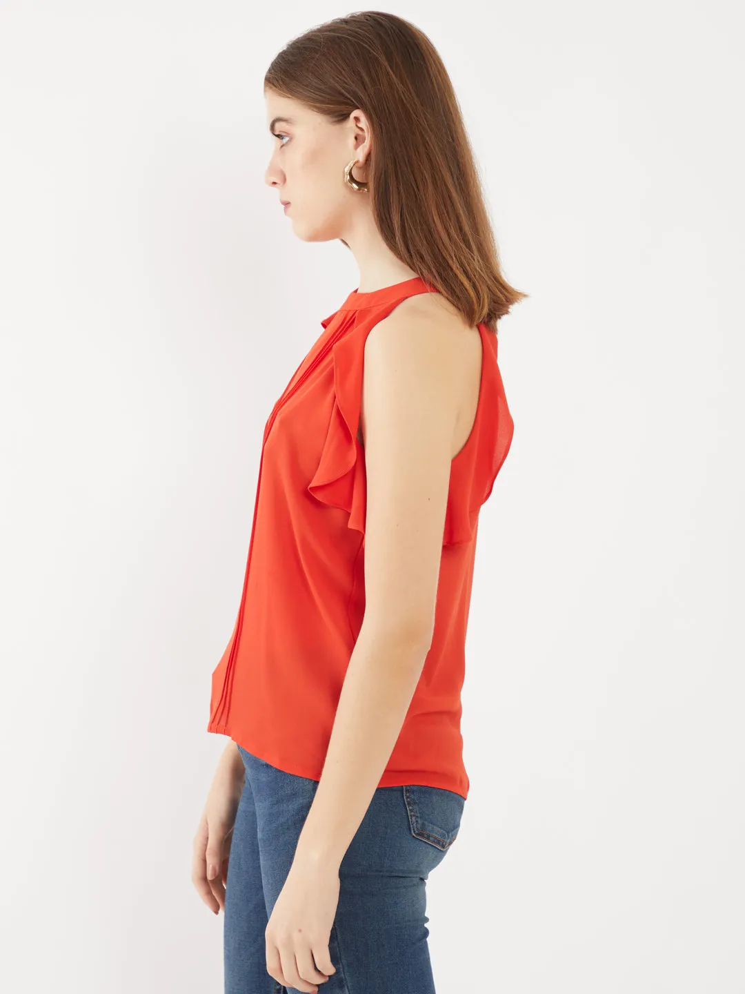 Orange Solid Ruffled Top
