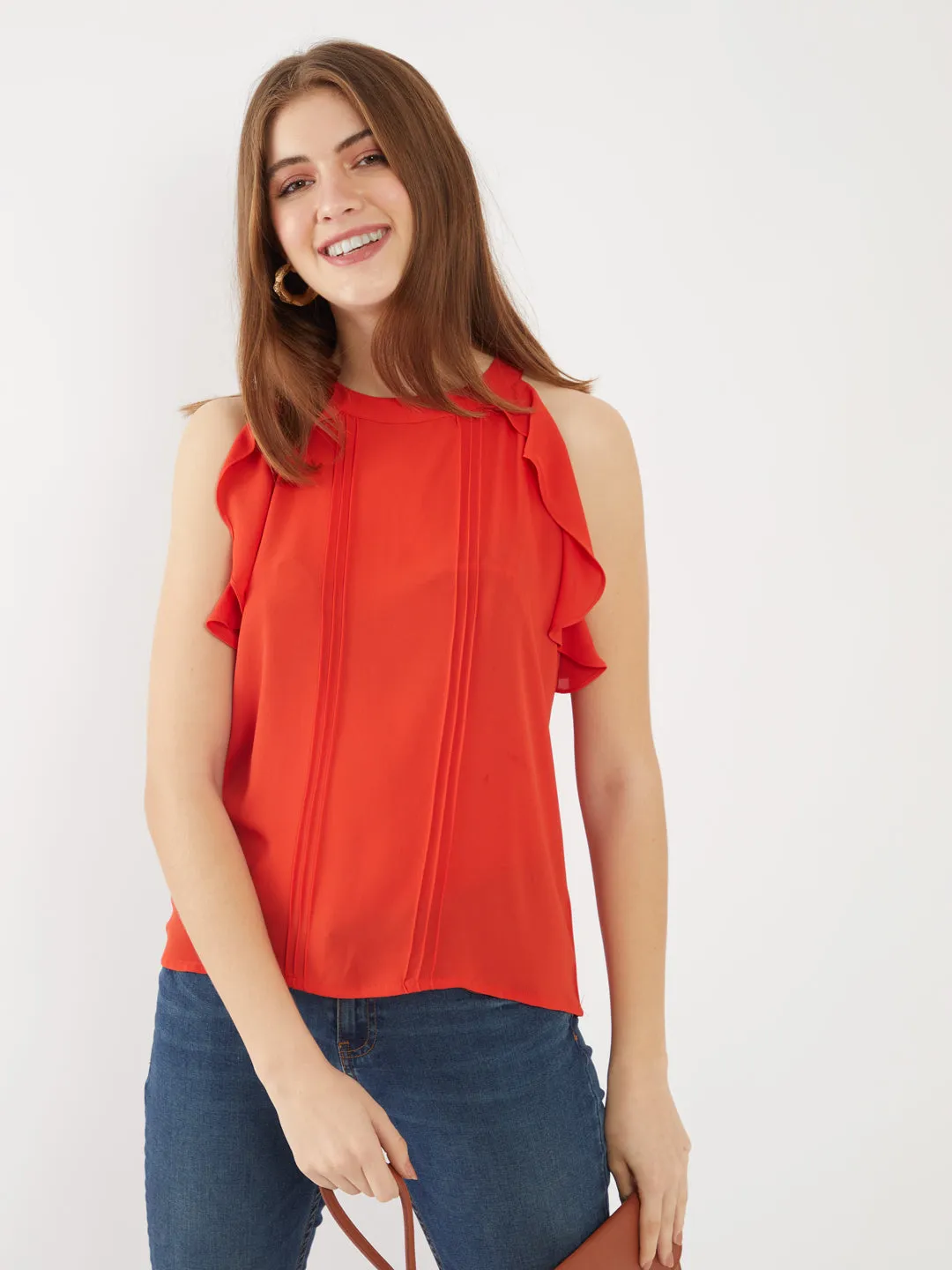 Orange Solid Ruffled Top