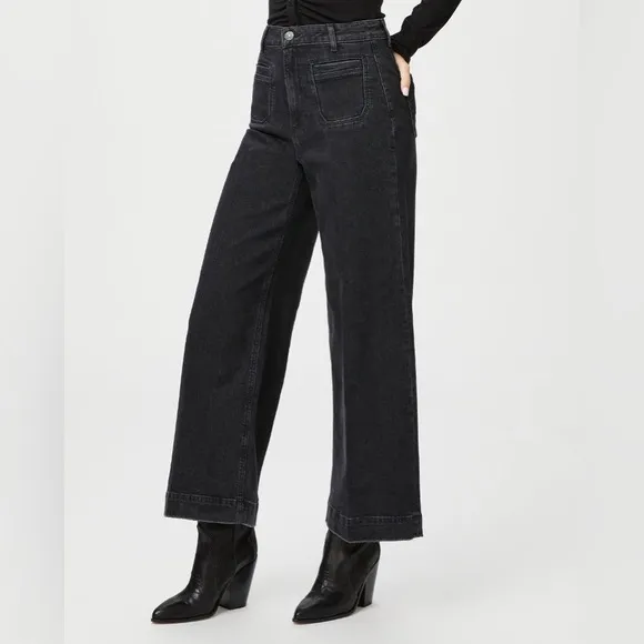 Paige Harper Ankle Jeans Washed Noir Distressed Black Patch Pockets Size 34