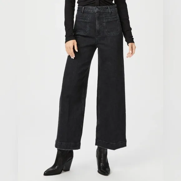 Paige Harper Ankle Jeans Washed Noir Distressed Black Patch Pockets Size 34