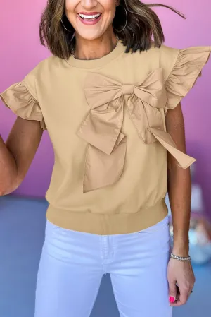 Parchment Ruffled Short Sleeve Bowknot Applique Crew Neck Plus Size Top