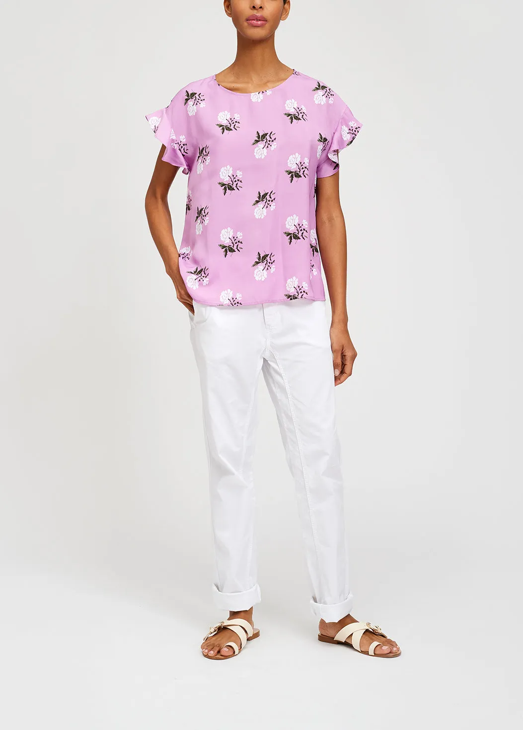 Pink flower print top with ruffled sleeves
