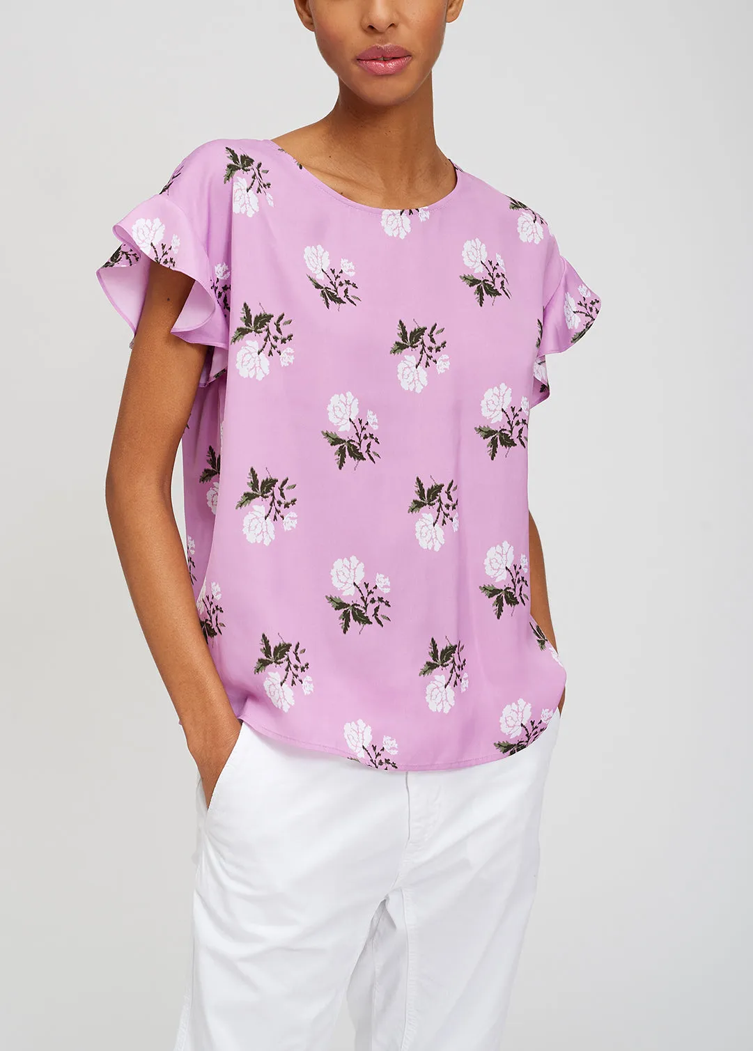 Pink flower print top with ruffled sleeves