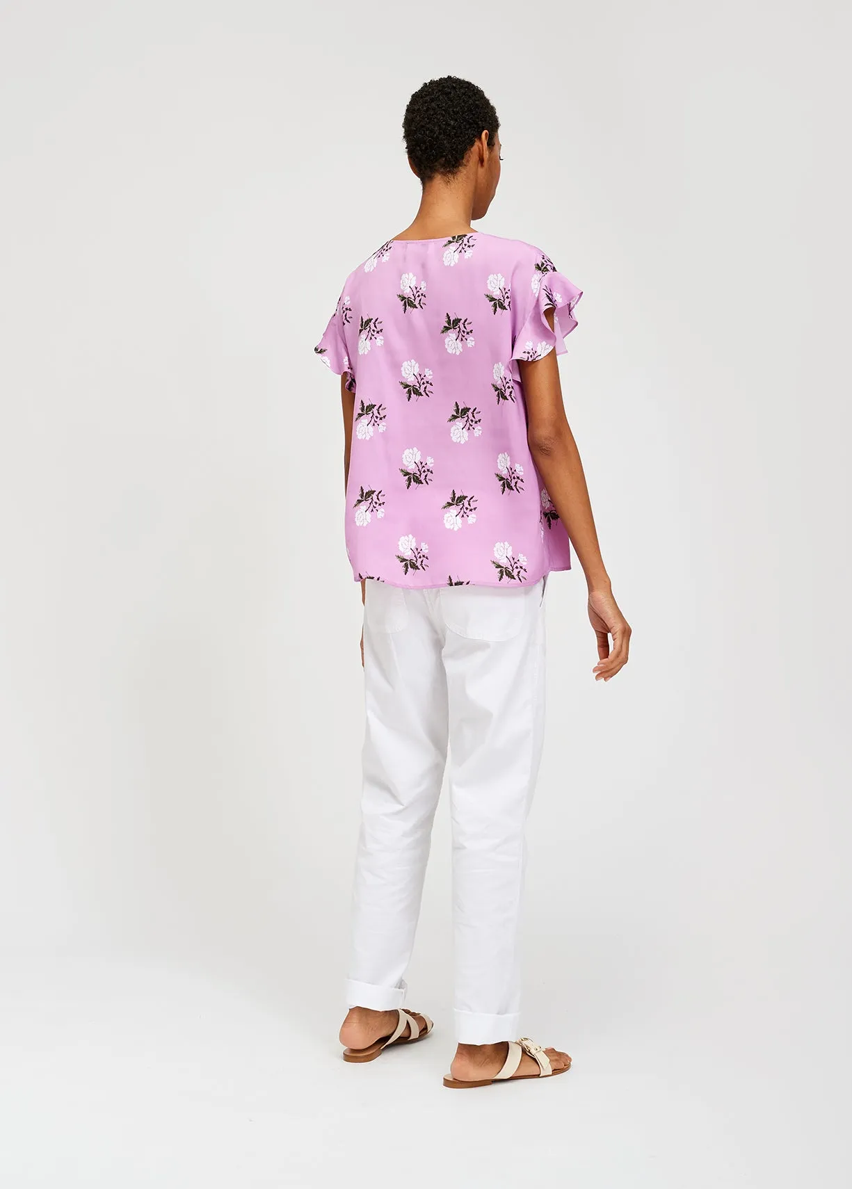 Pink flower print top with ruffled sleeves