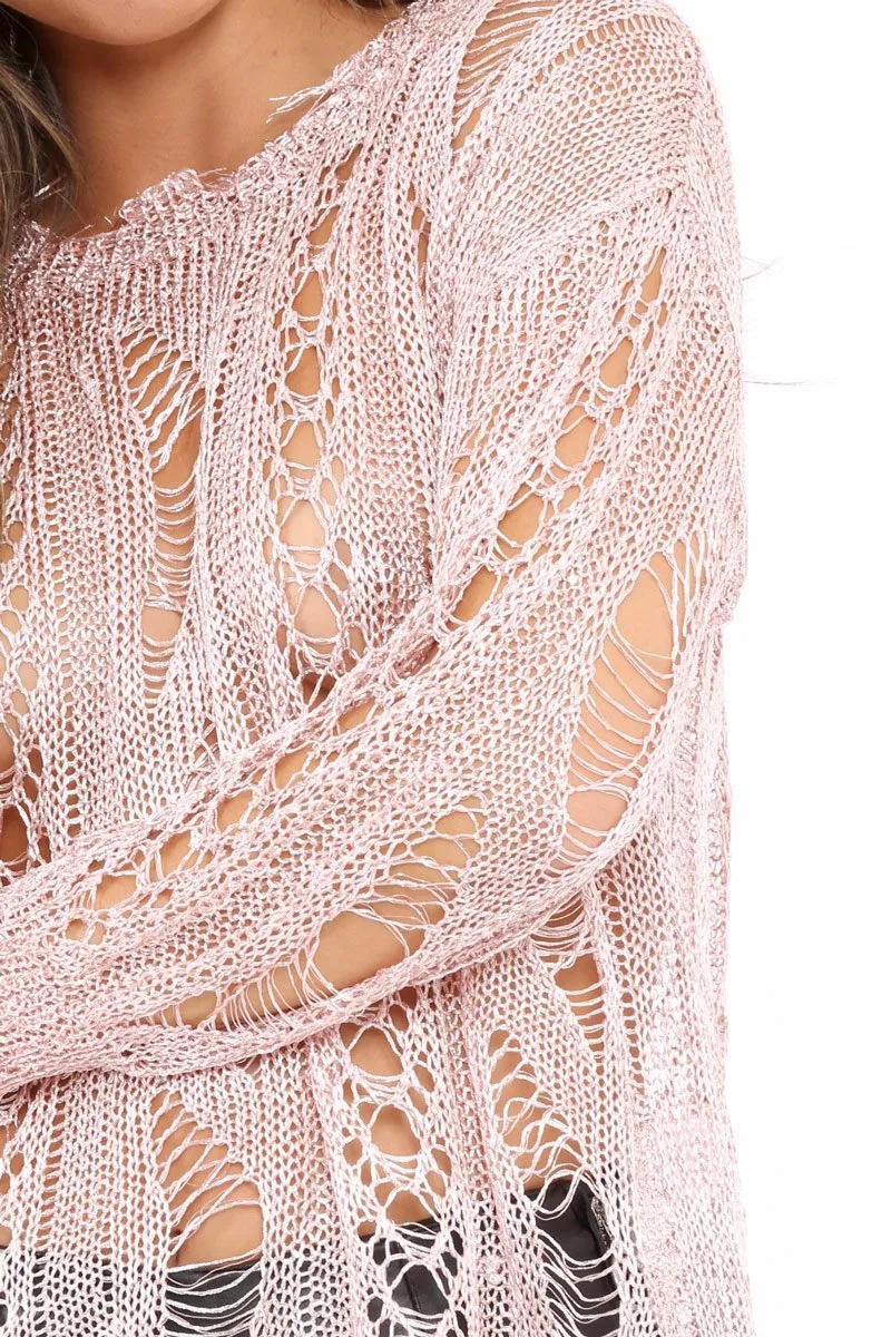 Pink Metallic Distressed Jumper - Hannan