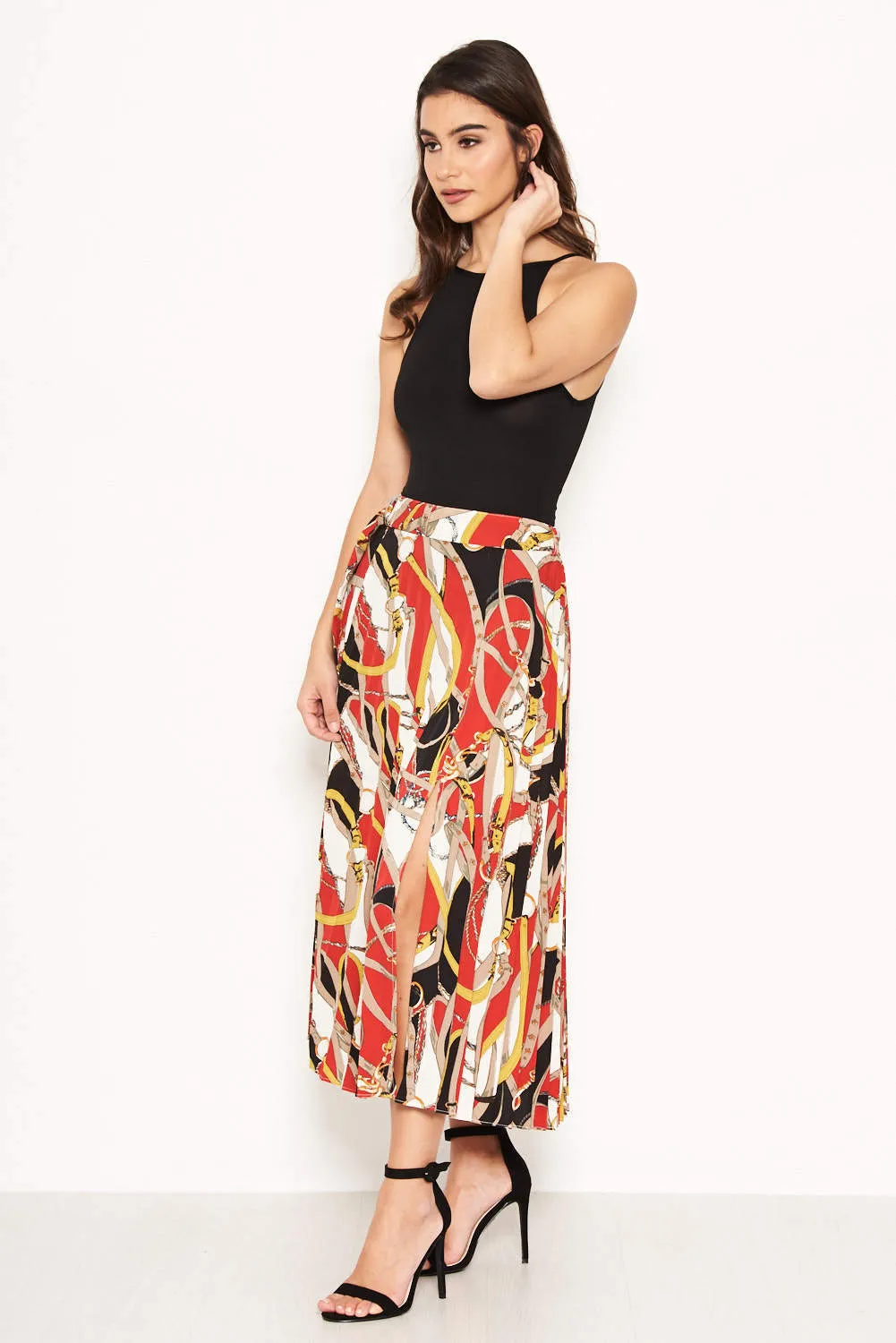 Pleated Chain Print Midi Skirt