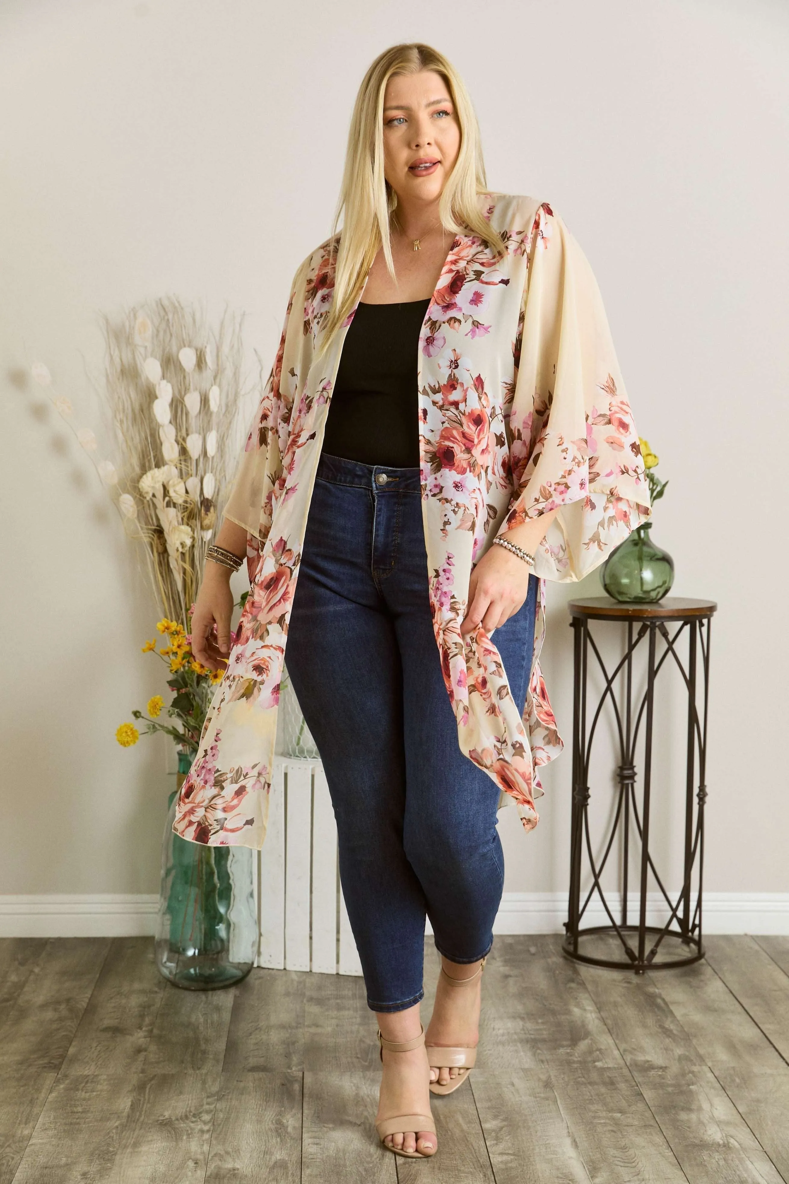 Plus Size Floral Kimono Cardigan
