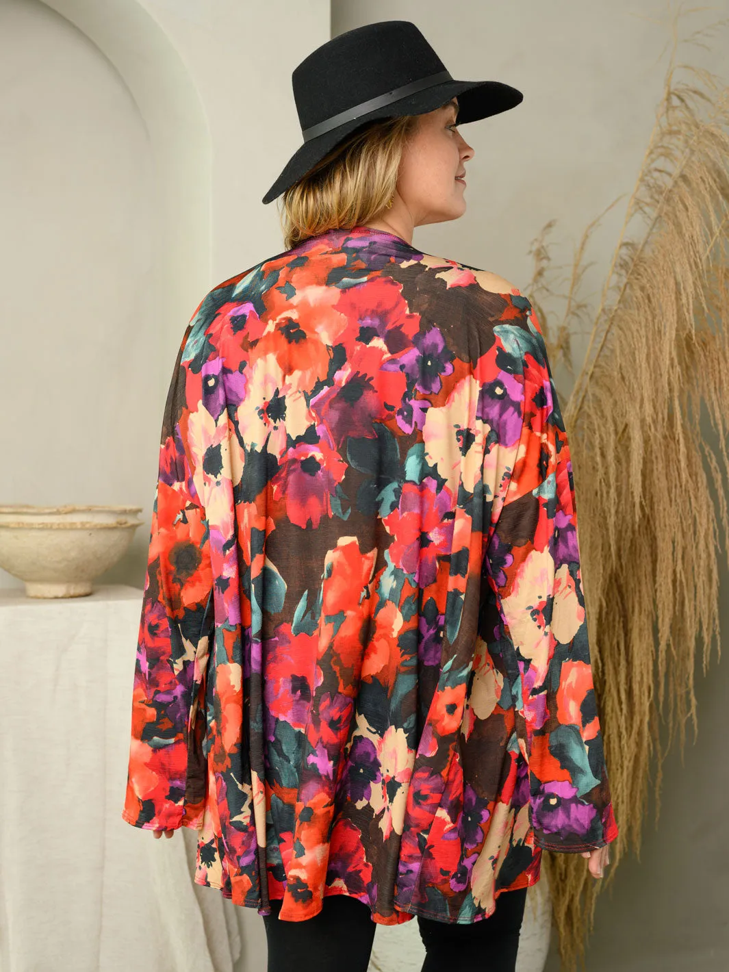 PLUS SIZE LONG SLEEVE FLORAL CARDIGAN
