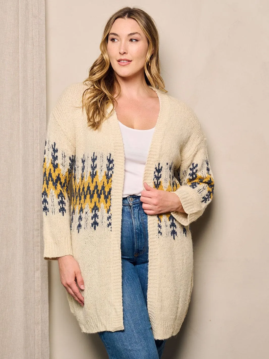 PLUS SIZE LONG SLEEVE OPEN FRONT MULTI PRINT CARDIGAN