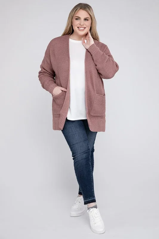 Plus Size Low Gauge Waffle Open Cardigan Sweater