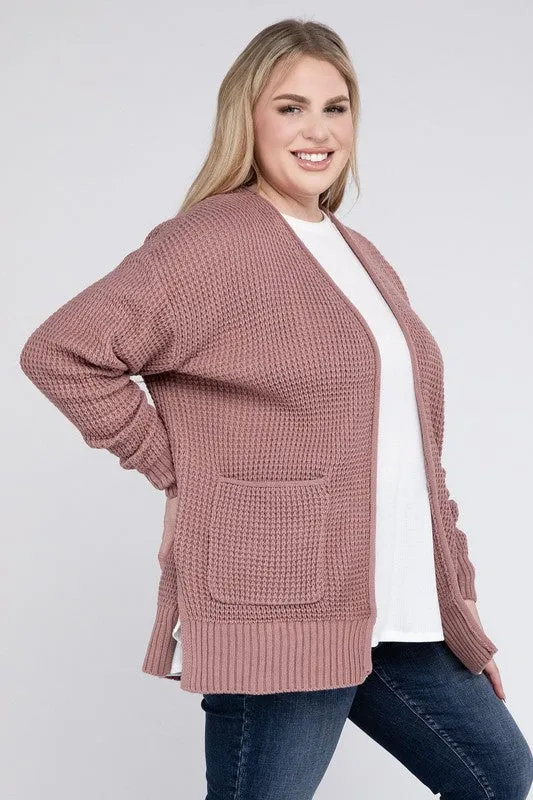 Plus Size Low Gauge Waffle Open Cardigan Sweater