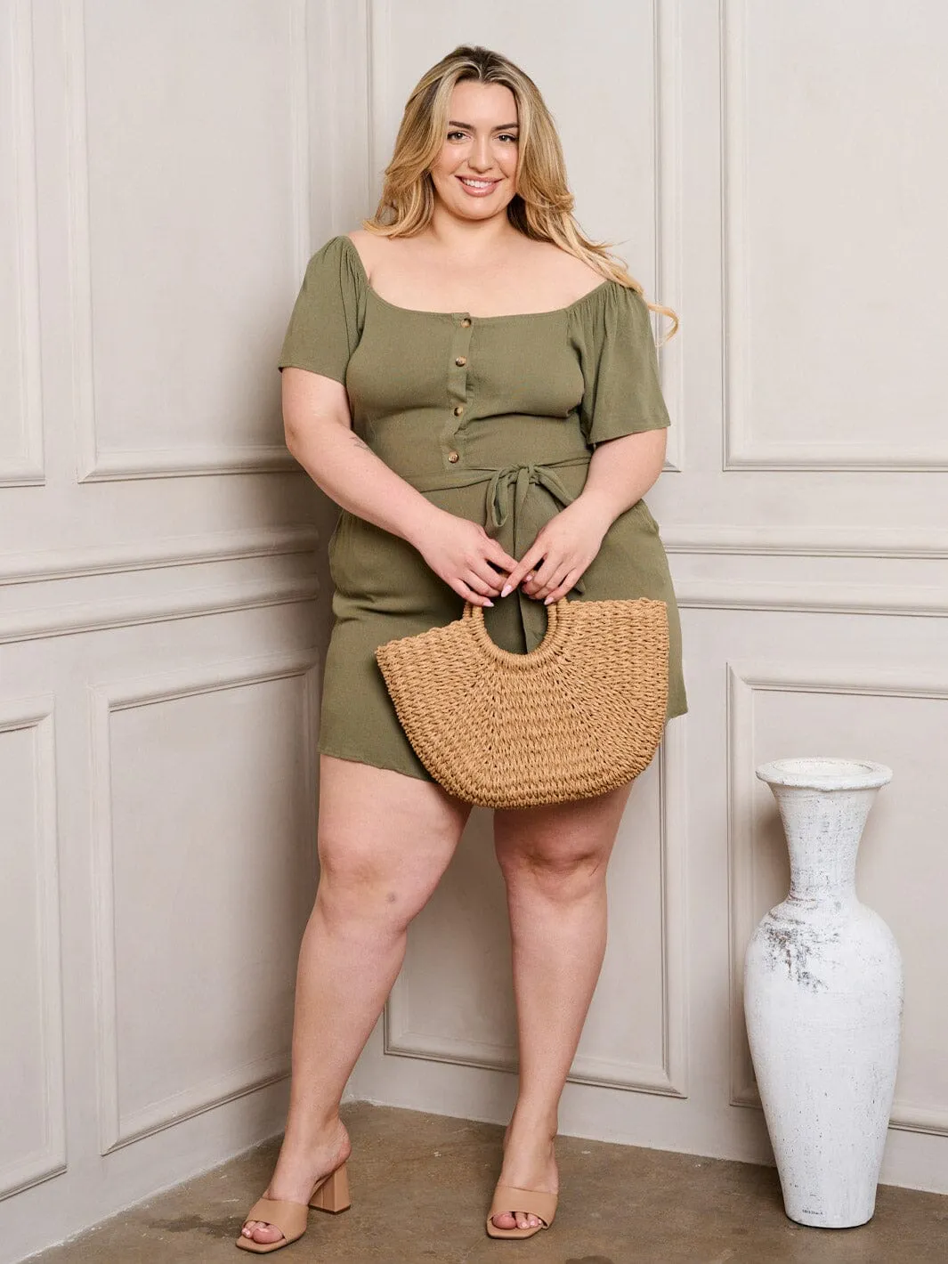 PLUS SIZE OFF SHOULDER SELF TIE BUTTON UP POCKETS ROMPER