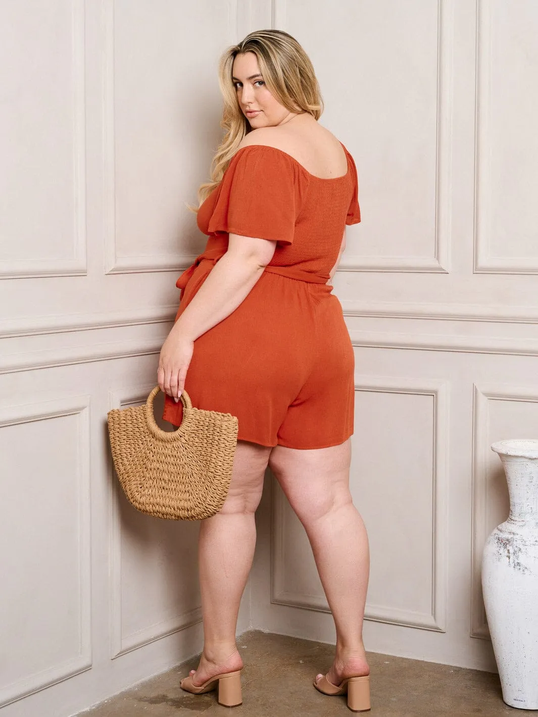 PLUS SIZE OFF SHOULDER SELF TIE BUTTON UP POCKETS ROMPER
