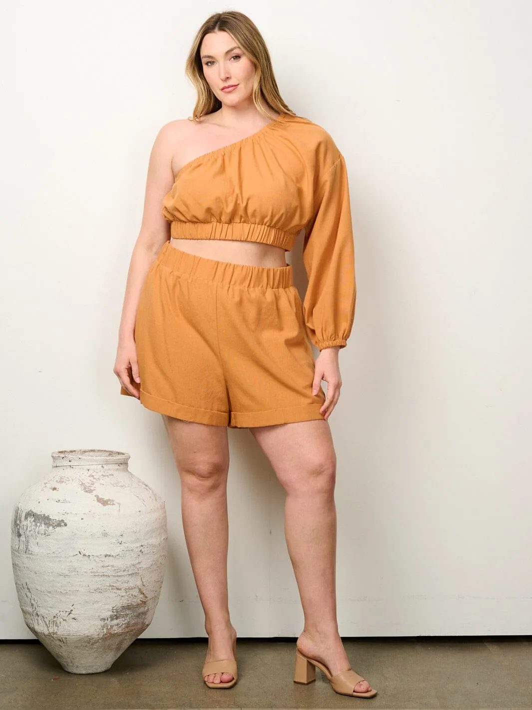 PLUS SIZE ONE SHOULDER CROP TOP & SHORTS 2PC. SET
