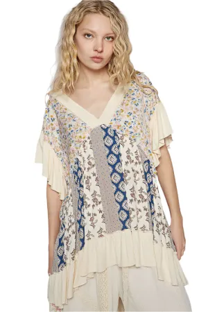 POL Ruffled Hem Printed V-Neck Short Sleeve Blouse