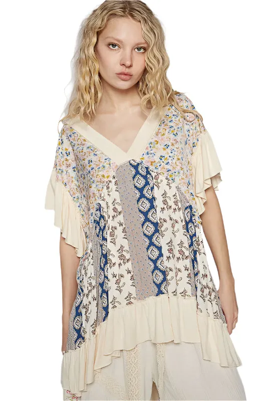 POL Ruffled Hem Printed V-Neck Short Sleeve Blouse