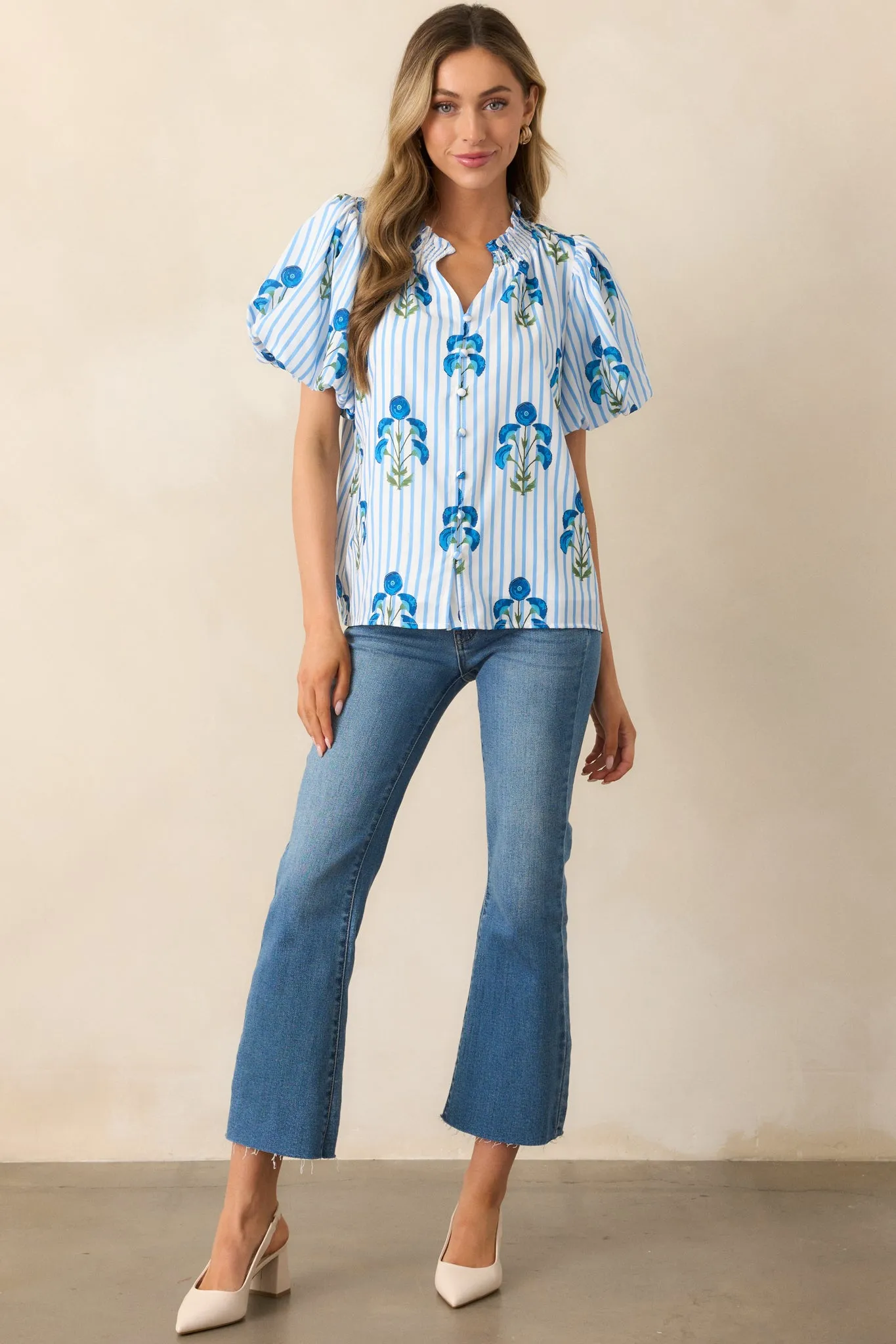 Poppy Fields Blue Button Front Puff Sleeve Top