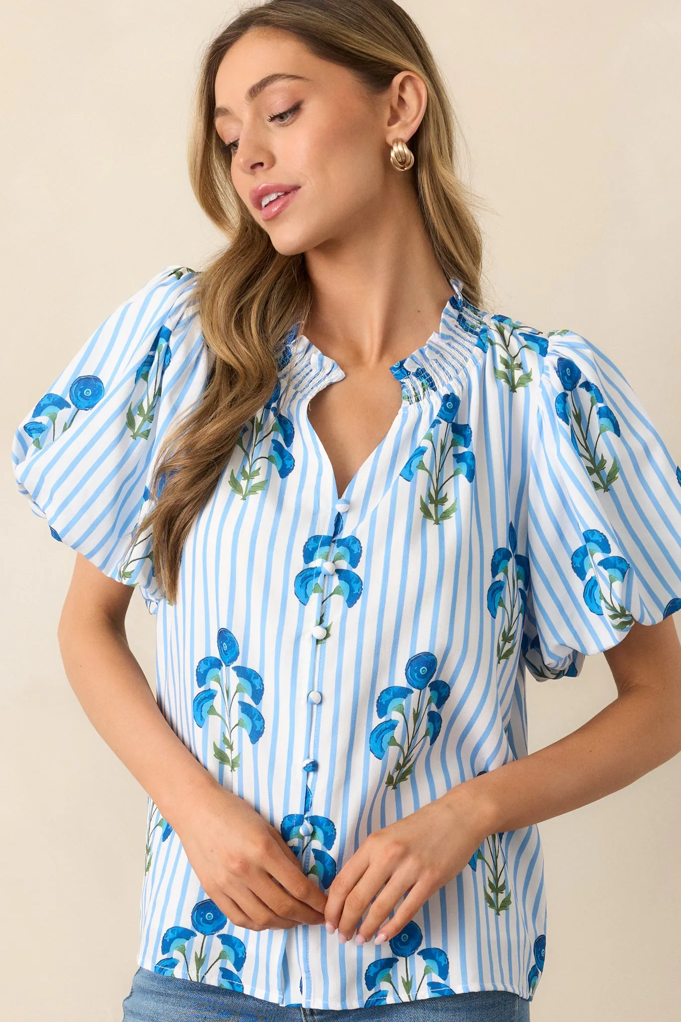 Poppy Fields Blue Button Front Puff Sleeve Top