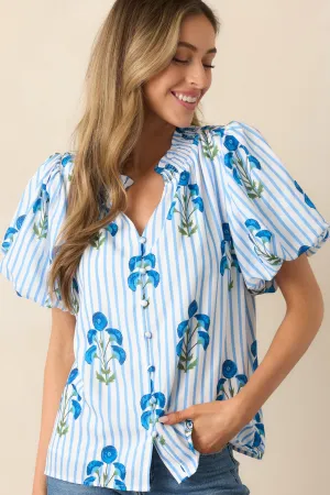 Poppy Fields Blue Button Front Puff Sleeve Top