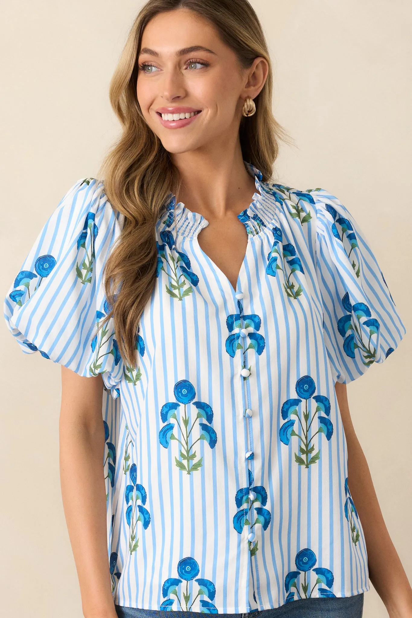 Poppy Fields Blue Button Front Puff Sleeve Top
