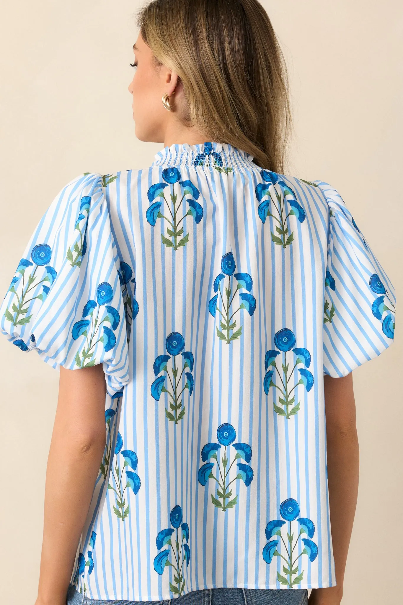 Poppy Fields Blue Button Front Puff Sleeve Top