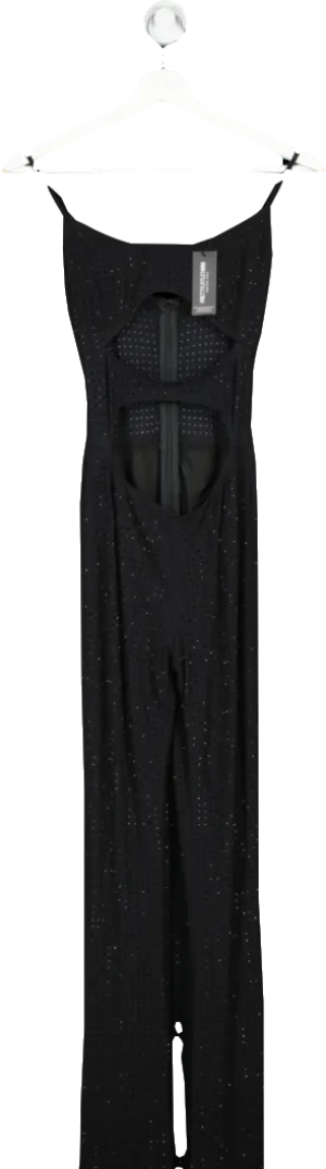PrettyLittleThing Black Dimante Hot Fix Cut Out Mesh Jump Suit UK 6