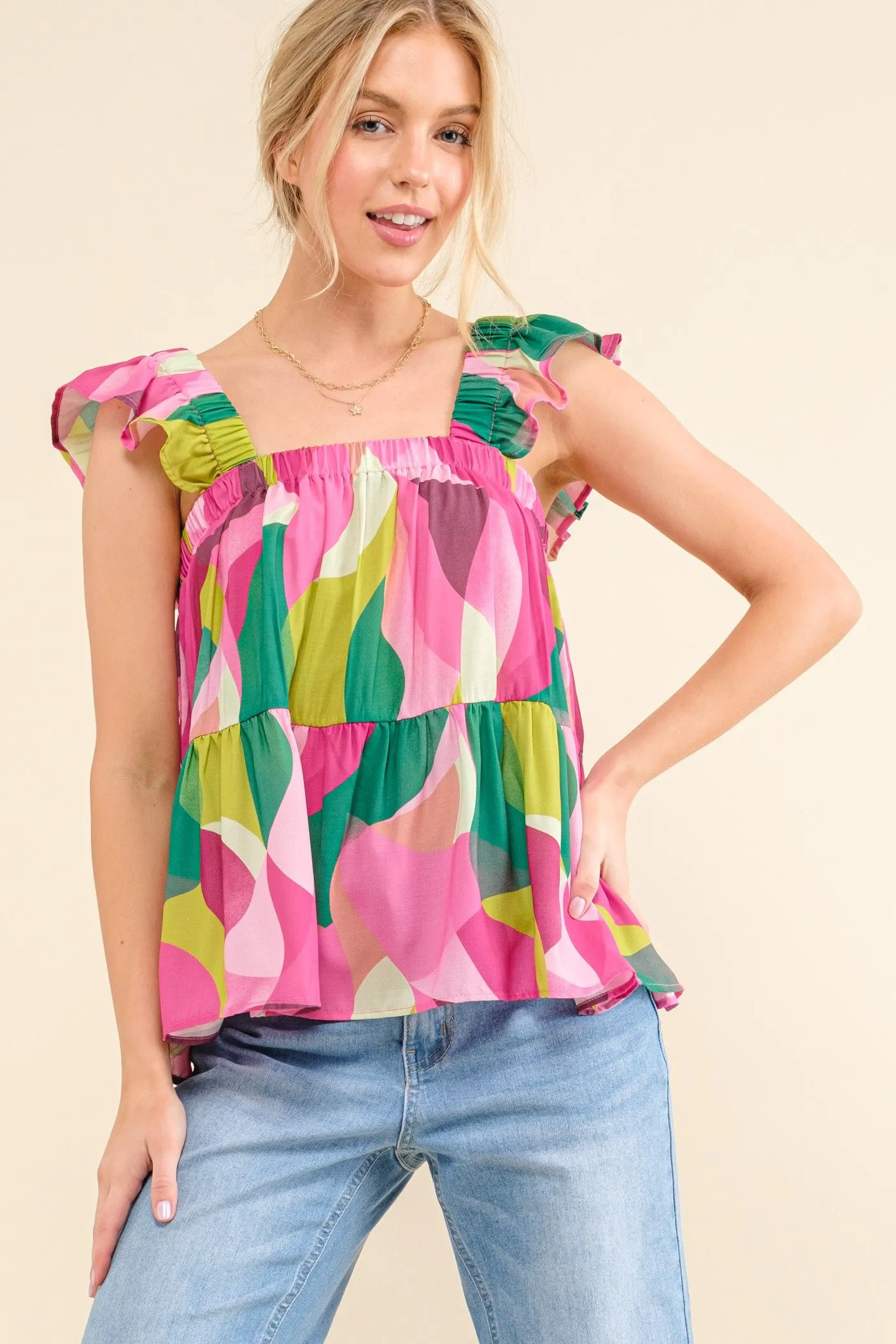 Printed Ruffle Babydoll Tank